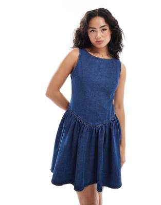 Miss Selfridge Drop Waist Denim Mini Dress In Blue