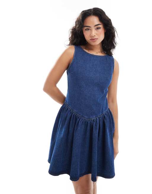 Miss Selfridge drop waist denim mini dress in mid wash, 2 of 4