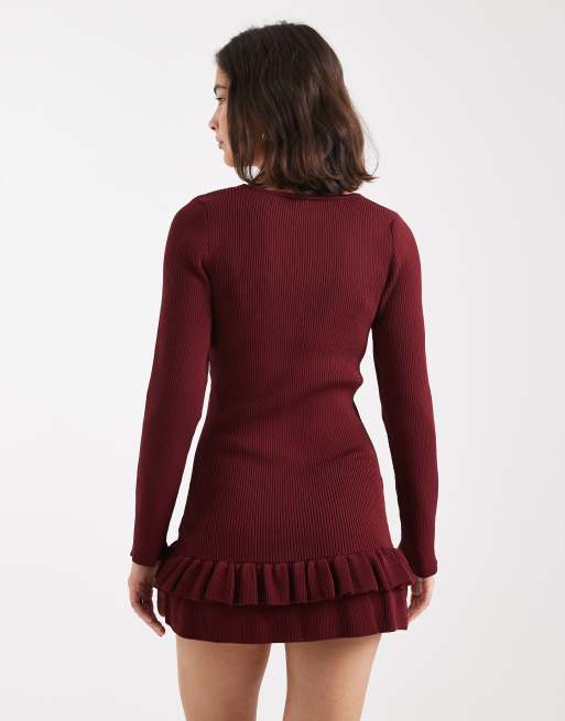 Miss Selfridge drop waist knit dress in burgundy, 3 of 4