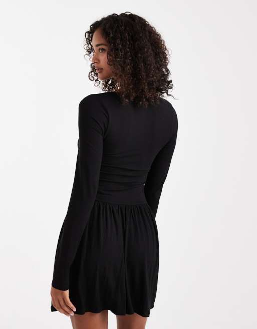 Miss Selfridge drop waist long sleeve mini dress in black, 4 of 4
