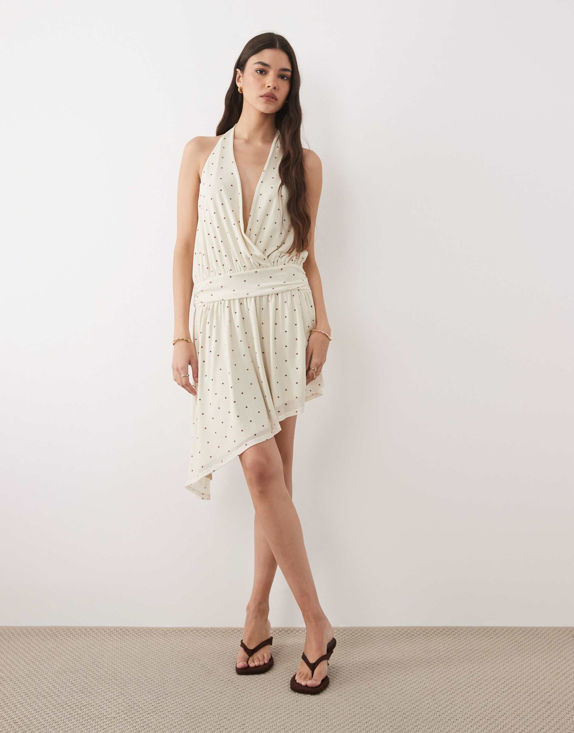 miss selfridge drop waist mini dress with asymmetric hem in cream polka dot print
