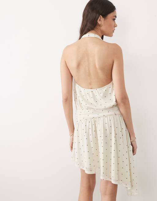 Miss Selfridge drop waist mini dress with asymmetric hem in cream polka dot print, 4 of 4