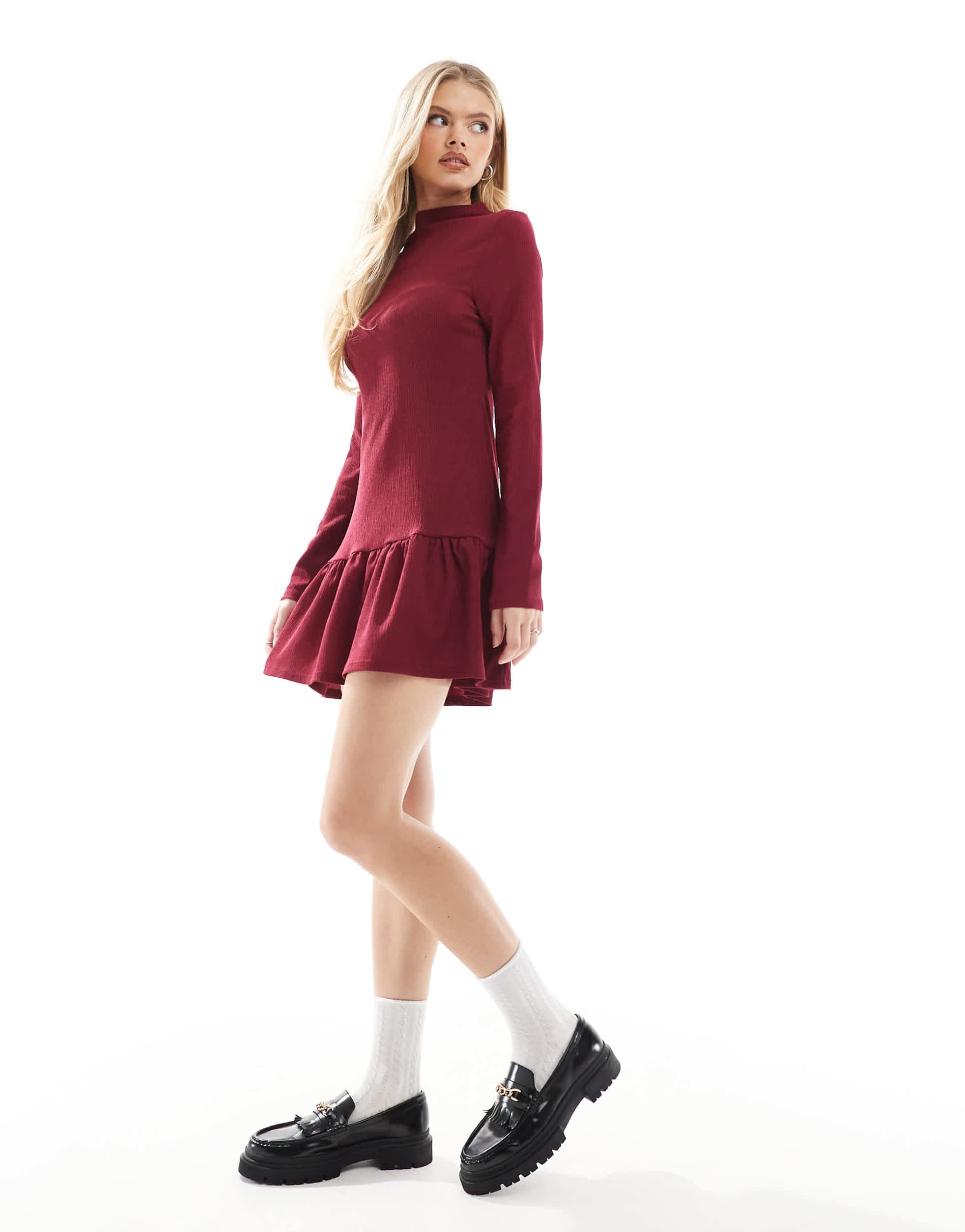 miss selfridge drop waist ruffle dress in burgundy