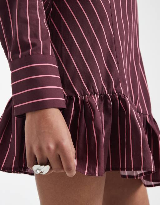 Miss Selfridge drop waist shirt dress in fig pinstripe, 3 of 4