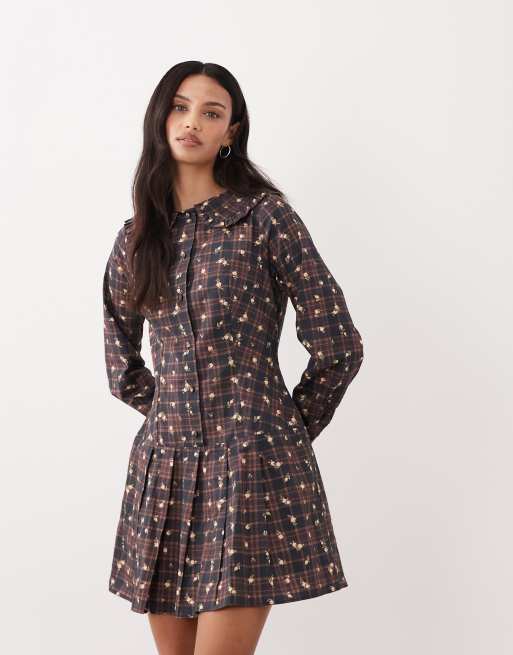 Miss Selfridge drop waist shirt dress in floral check, 2 of 4