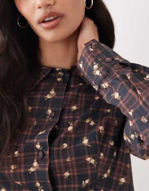 Miss Selfridge drop waist shirt dress in floral check, 3 of 4