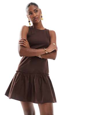 dropped hem mini dress in chocolate-Brown