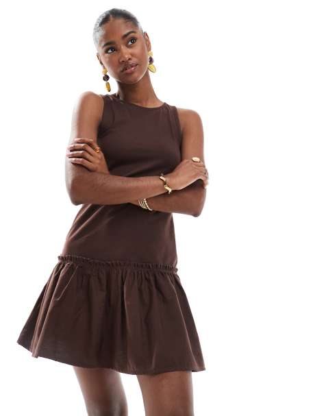 Miss Selfridge dropped hem mini dress in chocolate - view 1