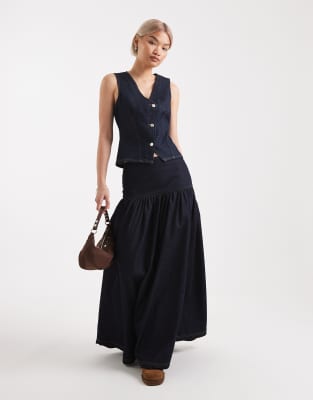 Miss Selfridge Dropped Waist Denim Maxi Skirt In Blue