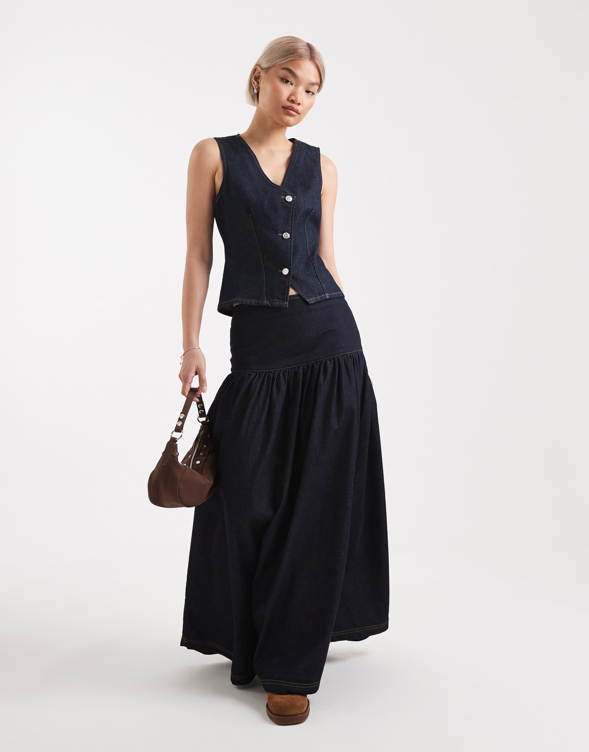 miss selfridge dropped waist denim maxi skirt in indigo