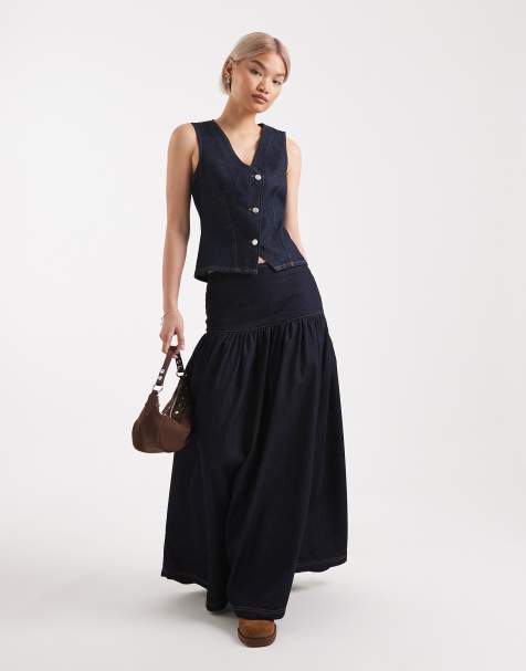 Miss Selfridge dropped waist denim maxi skirt in indigo