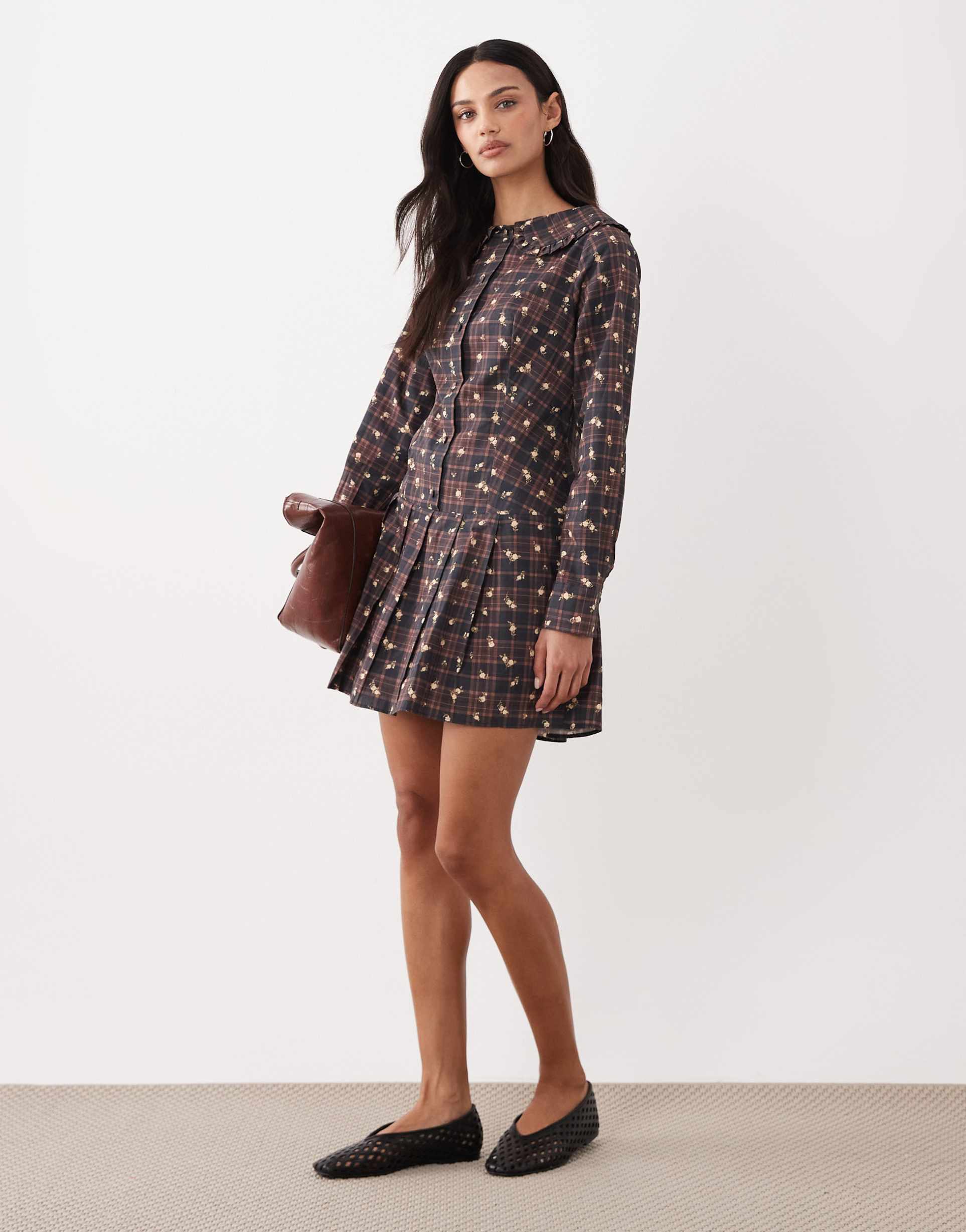 miss selfridge dropped waist shirt dress in floral plaid