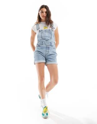 Miss Selfridge dungaree denim shorts in blue acid wash Sale