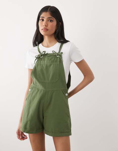 Miss Selfridge dungaree playsuit in khaki - view 1