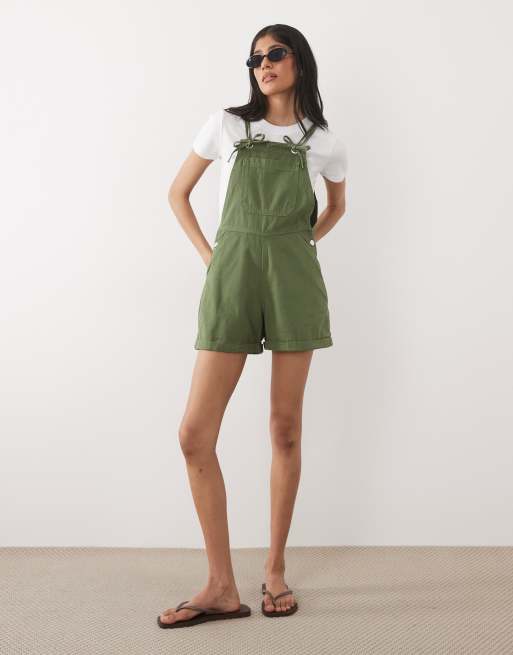 Miss Selfridge dungaree playsuit in khaki, 2 of 4