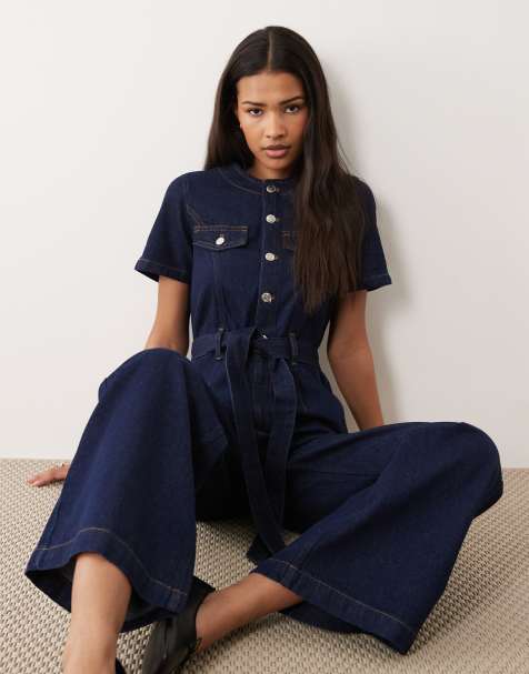 Miss Selfridge – Durchgeknöpfter Jumpsuit im Military-Stil in indigoblauer Waschung - view 1