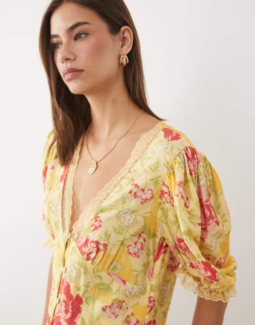 Miss Selfridge – Durchgeknöpftes Maxikleid mit Spitzenbesatz und sommerlichem Blumenmuster, 4 von 4