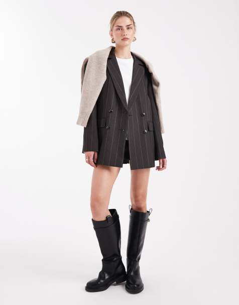 Miss Selfridge – Dwurzędowa szczotkowana marynarka oversize w kolorze szarym w prążki, część zestawu - view 1