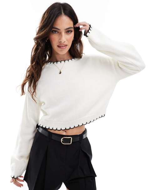 Miss Selfridge blanket stitch knitted jumper in ivory