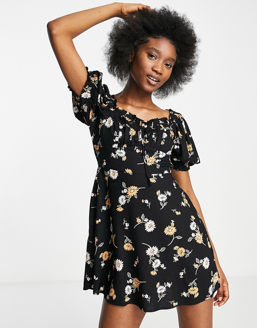 Miss Selfridge eco tie front milkmaid fit and flare mini dress in sunflower-Black