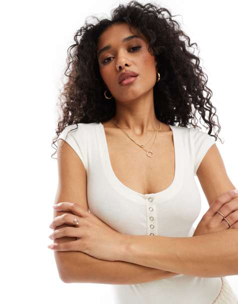 Miss Selfridge - Ecrufarvet bodystocking med trykknapper - view 1
