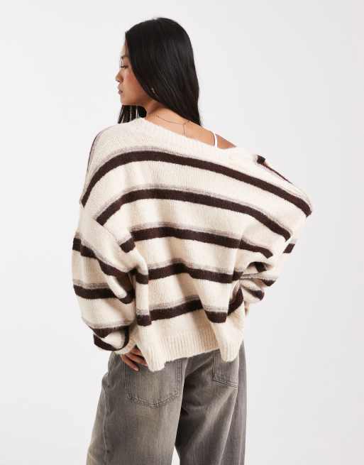 Miss Selfridge edge-to-edge brushed cardigan in brown stripe, 4 of 4