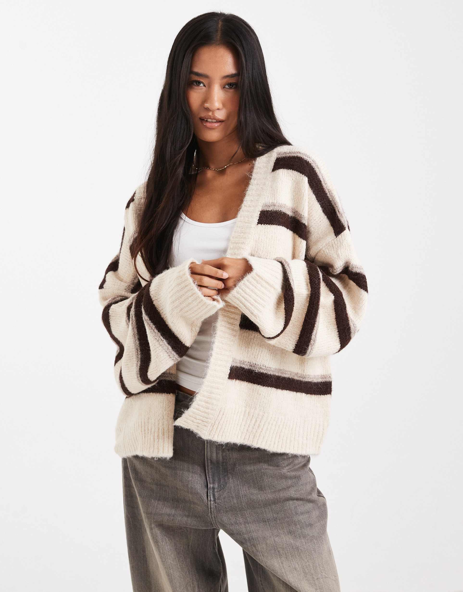 miss selfridge edge to edge brushed cardigan in brown stripes