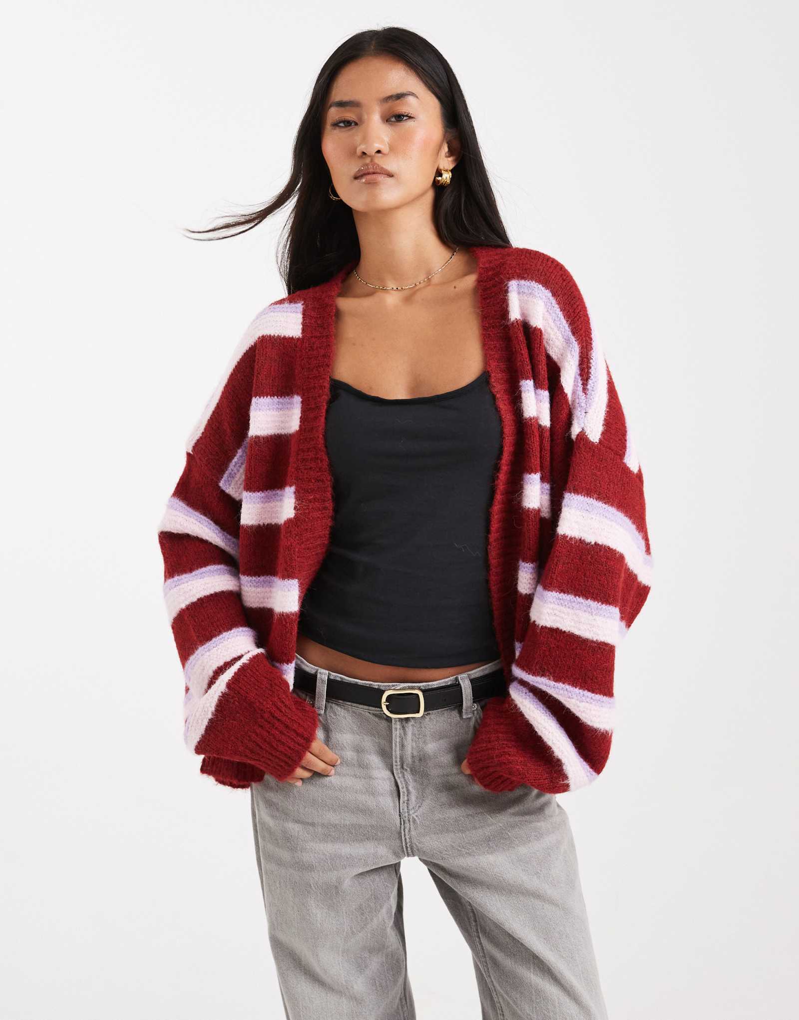 Кардиган Miss Selfridge в сливовую полоску с отделкой от края до края