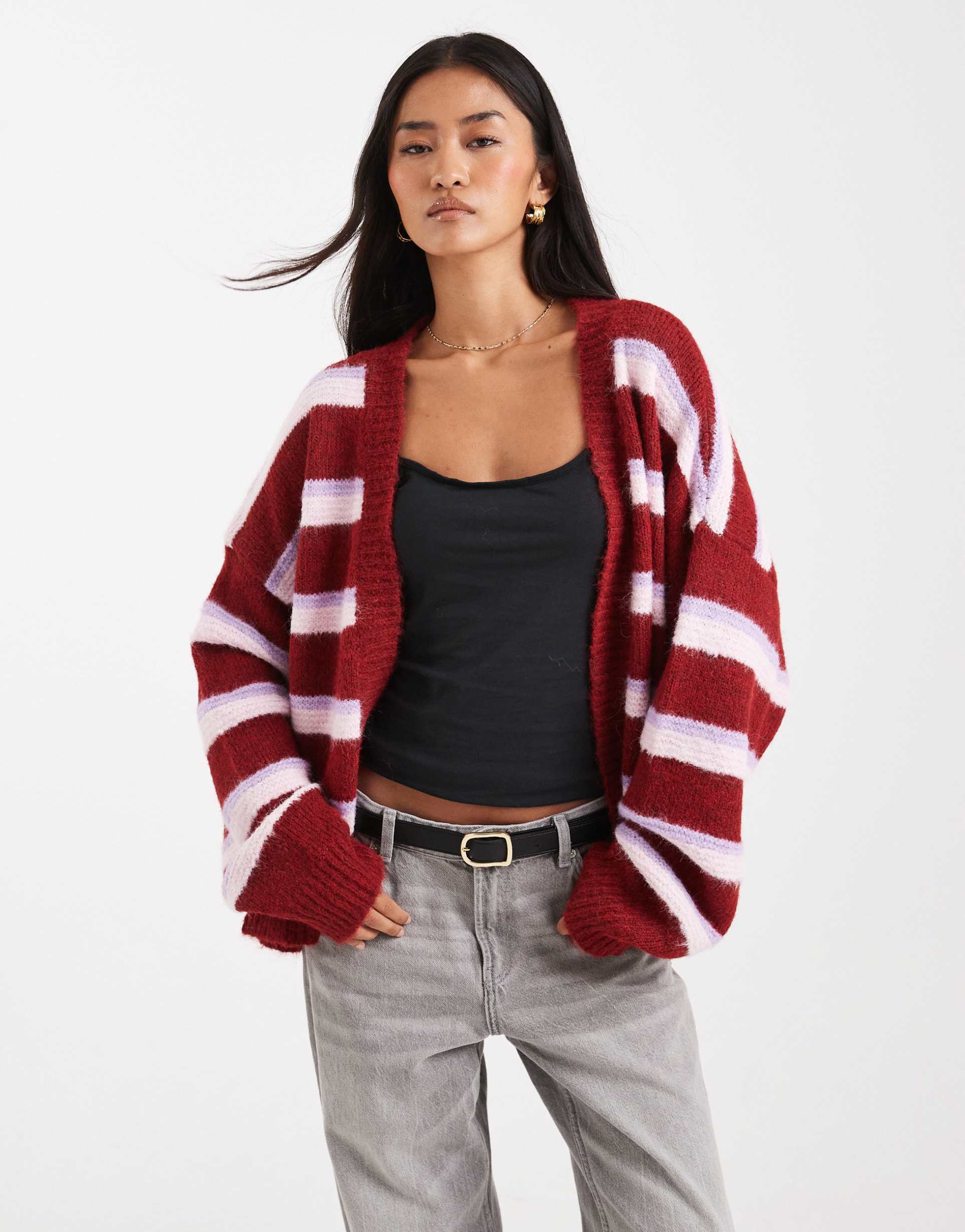 miss selfridge edge to edge brushed cardigan in plum stripes