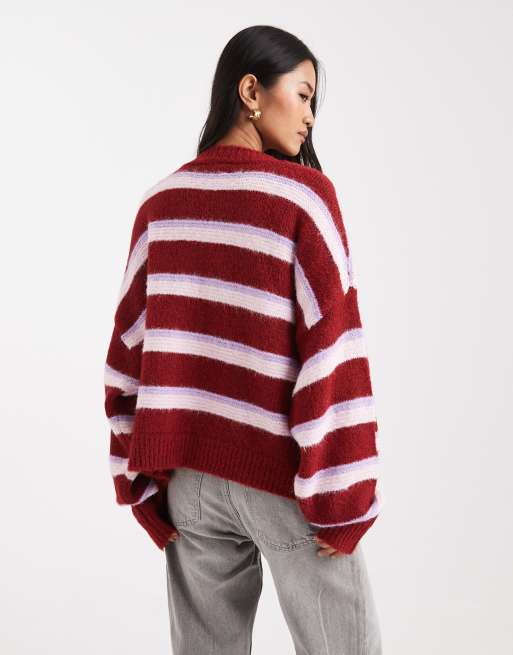 Miss Selfridge edge to edge brushed cardigan in plum stripes, 4 of 4