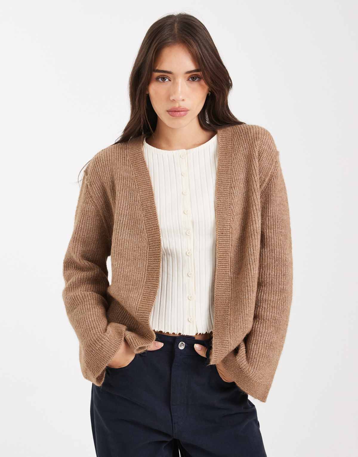 Miss Selfridge edge to edge cardigan in camel