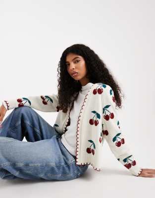 Miss Selfridge Edge To Edge Cardigan With Cherries-multi In Neutral