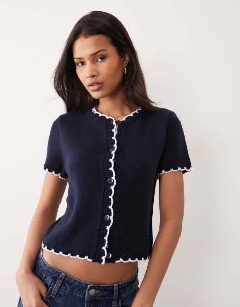 Miss Selfridge edge to edge floral blanket stitch cardigan in navy - view 1