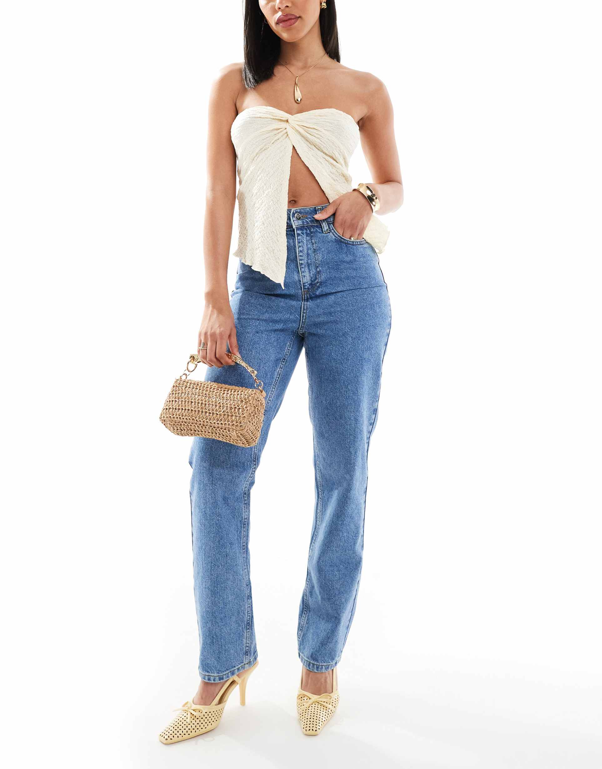 miss selfridge elastic waist straight leg jeans in mid wash