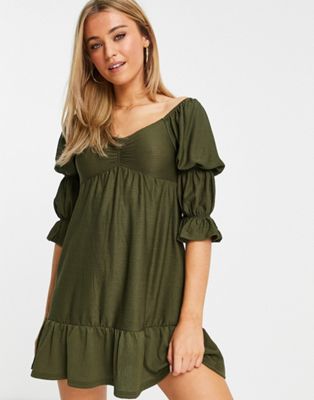 Miss Selfridge elasticated sleeve mini dress in khaki-Green