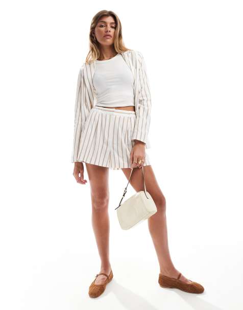 Miss Selfridge – Eleganckie lniane szorty w kolorze naturalnym w paski, część zestawu - view 1