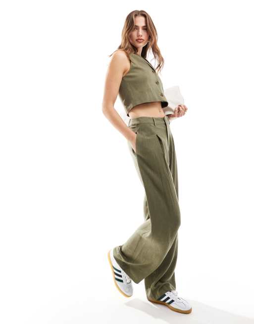 Miss Selfridge - Elegante broek met wijde pijpen van linnenmix in in kaki