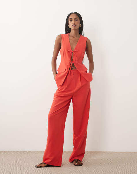 Miss Selfridge – Elegante Hose in Tomatenrot mit weitem Schnitt - view 1