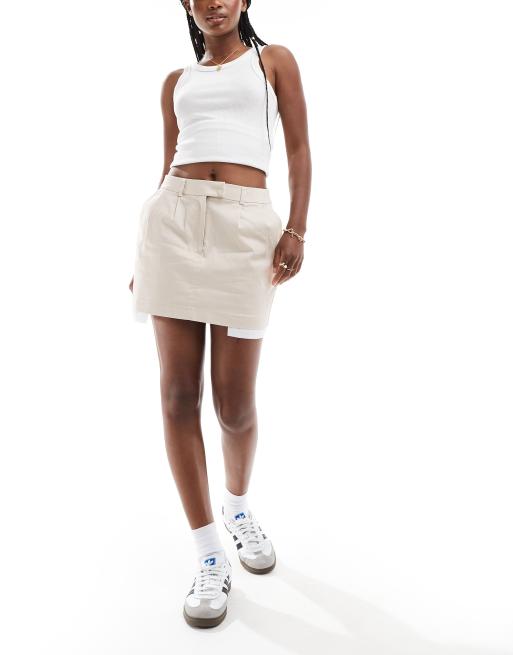 Miss Selfridge - Elegante katoenen mini rok met zichtbare zakken in stone, 4 van 5