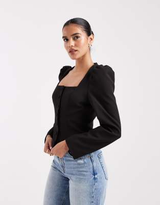 Miss Selfridge - Elegantes, kragenloses Oberteil in Schwarz mit Puffärmeln