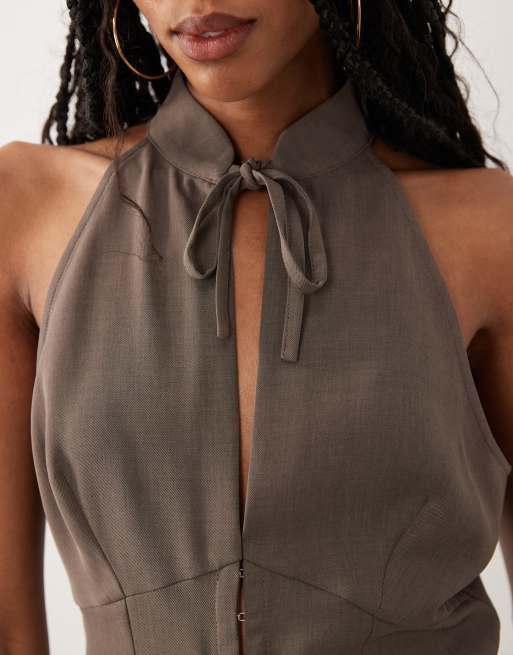 Miss Selfridge – Elegantes Neckholder-Oberteil in Pilzbraun, Kombiteil, 3 von 4