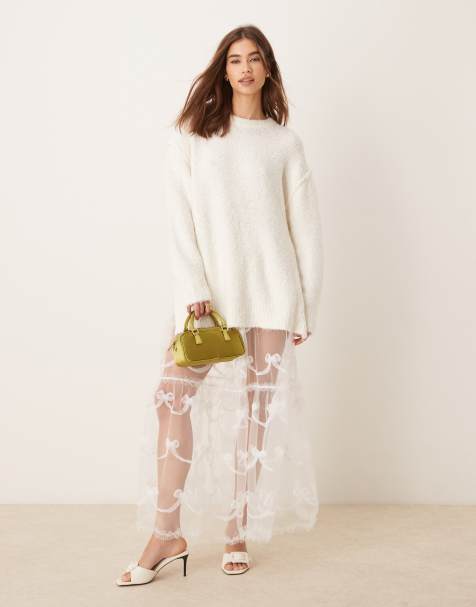 Miss Selfridge - Elfenbensfarvet og transparent maxinederdel med sløjfedetaljer - view 1