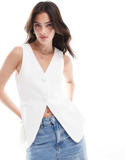 Miss Selfridge – Elfenbensvit kostymväst i lång modell 