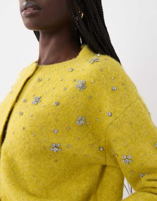Miss Selfridge embellished button through pocket detail cardigan in chartuse, 2 of 4