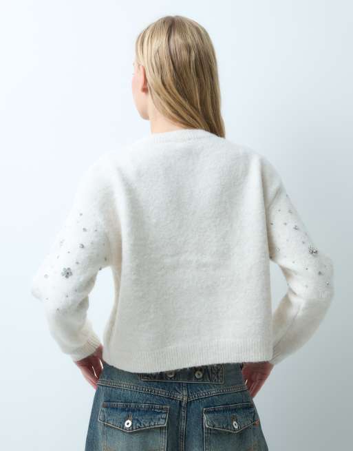 Miss Selfridge embellished button through pocket detail cardigan in cream, 4 of 4