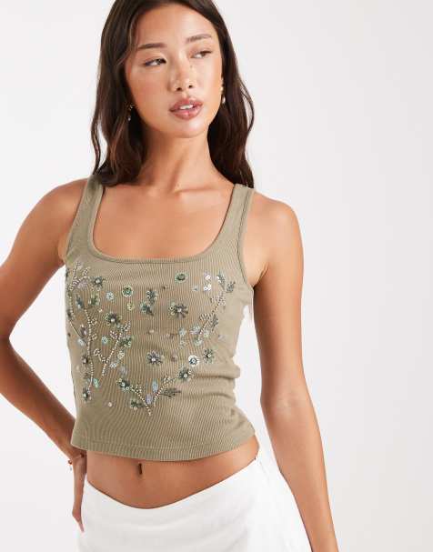 Miss Selfridge embellished cami top in sage - view 1