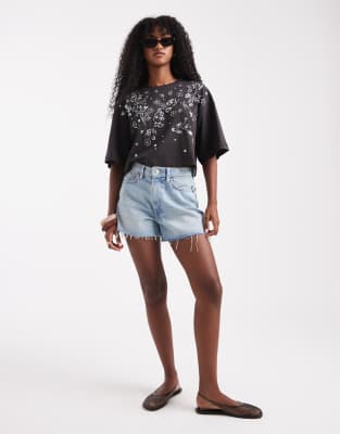 Miss Selfridge Embellished Cropped Tee In Gray