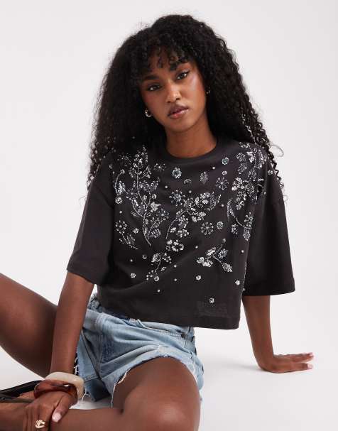 Miss Selfridge embellished cropped tee in washed grey - view 1