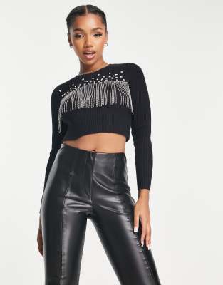 Miss Selfridge embellished diamante fringe knit jumper in black  - ASOS Price Checker
