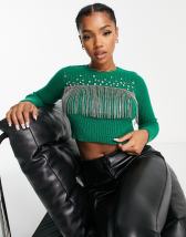 ASOS DESIGN jumper with embellished stones and fringe detail in